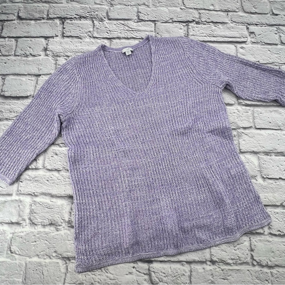 J. Jill Lavender V-Neck Sweater Medium Petite 3/4 Sleeve Chunky Knit Casual
